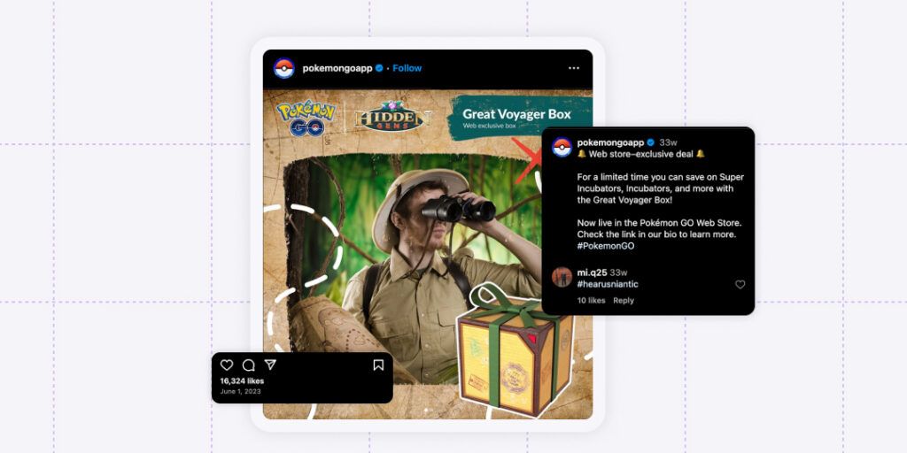 Instagram post from the official Pokémon GO account featuring a 'Great Voyager Box' web-exclusive offer. The image shows an adventurer in a safari outfit peering through binoculars with a backdrop of lush green foliage, alongside a promotional graphic for the Great Voyager Box, teasing in-game items like Super Incubators. The caption announces a limited-time deal, with a call to action to visit the web store. The post has garnered 16,324 likes as of June 1, 2023