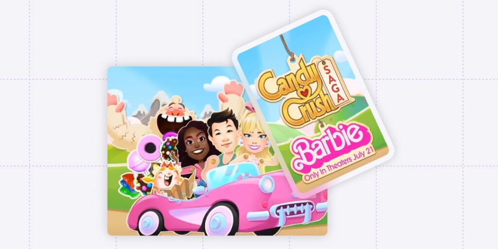 Animated characters from the game Candy Crush in a pink convertible car, with whimsical candy-themed decorations, celebrating alongside a Barbie character, promoting the Candy Crush Saga and Barbie collaboration. A tag shows the Barbie logo with a reminder that the movie is in theaters July 21