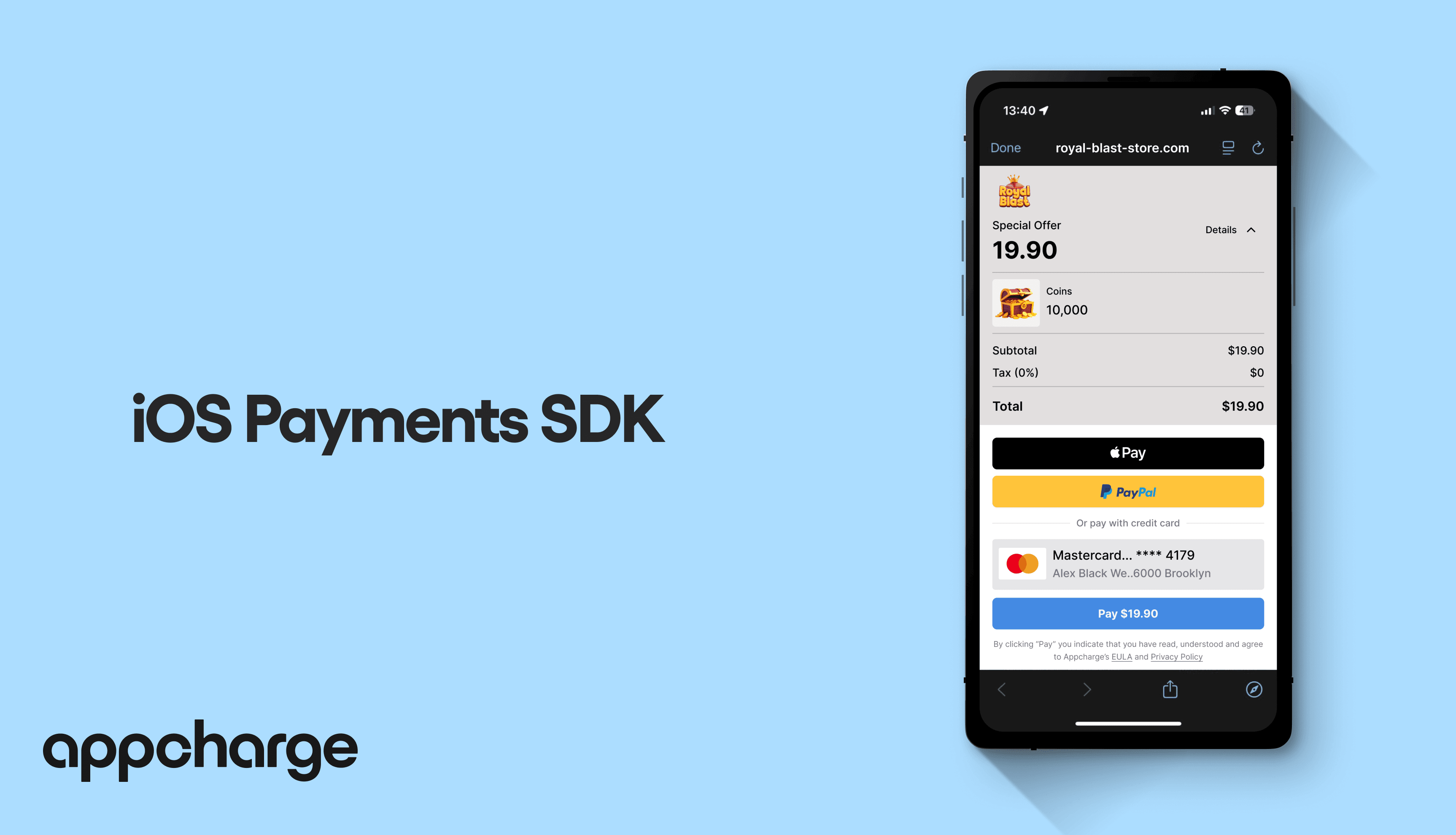 A mobile screen showing the checkout of a mobile game, on a blue background with Appcharge logo