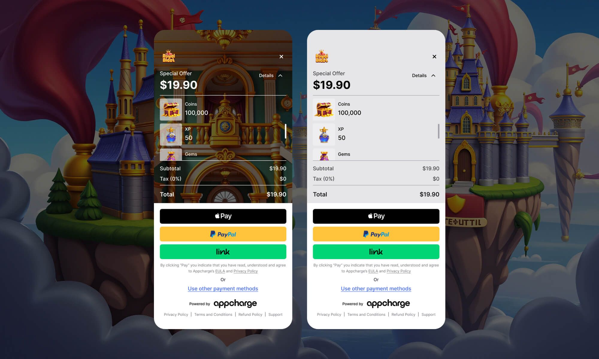 A diagram showing A/B testing options for checkout layouts with Appcharge.