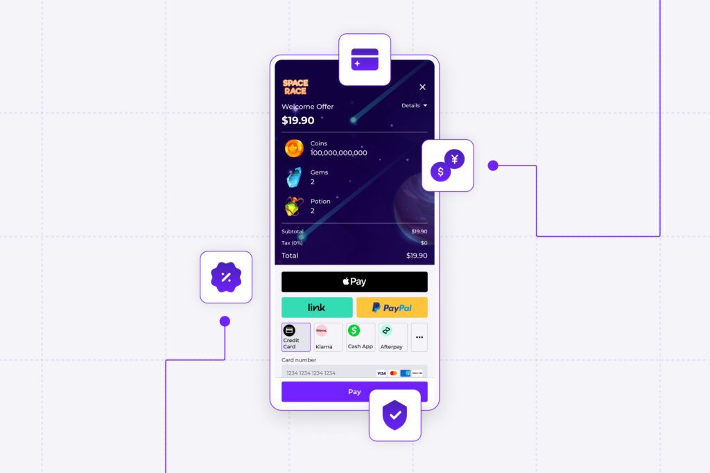 Screenshot of a mobile game purchase screen from 'Space Race', featuring a 'Welcome Offer' for $19.90. The offer includes 100,000,000,000 coins, 2 gems, and 2 potions displayed on a vibrant purple and space-themed background. Multiple payment options are shown including Apple Pay, PayPal, and various credit cards. The screen is part of a user interface design, highlighting an interactive and streamlined checkout process
