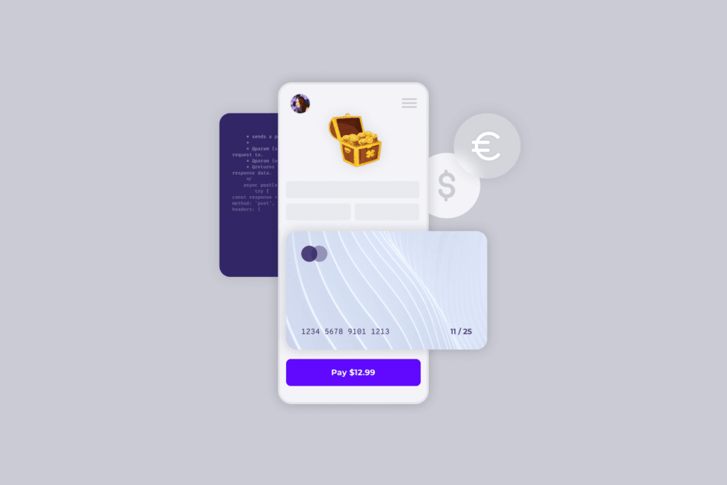 A digital payment interface featuring a credit card mockup with the text 'Pay $12.99' on a button. In the background, a smartphone displays a treasure chest graphic, symbolizing an in-app purchase. To the right, currency symbols for Euro and Dollar are visible, suggesting international payment options. The backdrop is a muted gray, with a snippet of code visible on a secondary device, indicating technical backend processes.