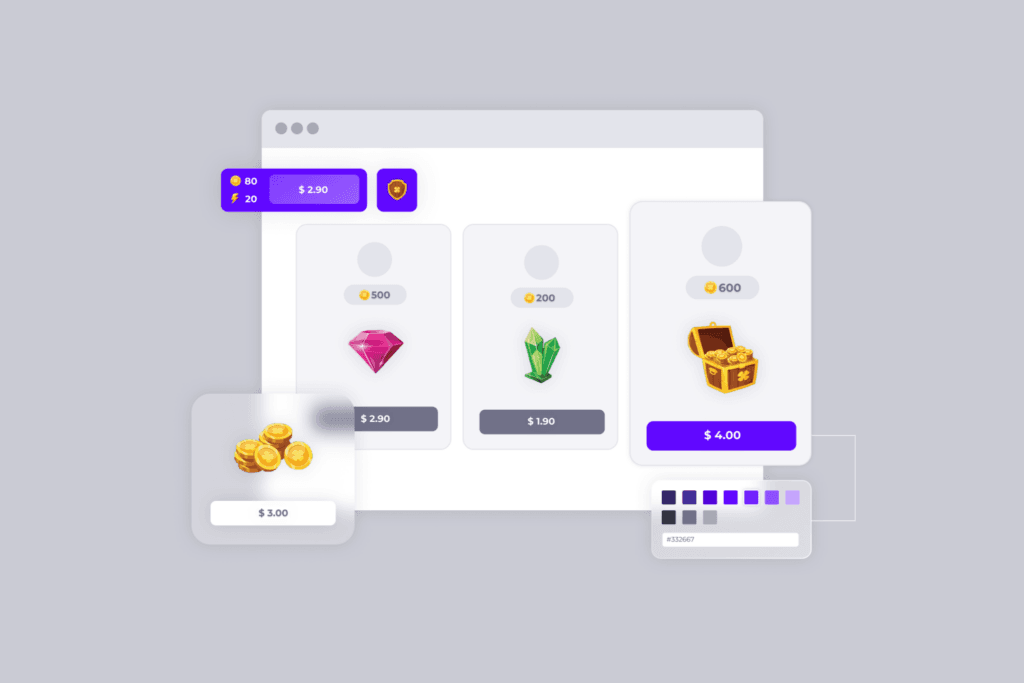 An e-commerce web page mockup showcasing in-game currency purchase options. The display features cards with gold coins for $3.00, a pink gem for $2.90, a green gem for $1.90, and a treasure chest for $4.00. Above, a user interface shows a balance of 80 purple gems and 20 gold shields with an exchange rate, set against a muted gray background with a color palette selection tool at the bottom