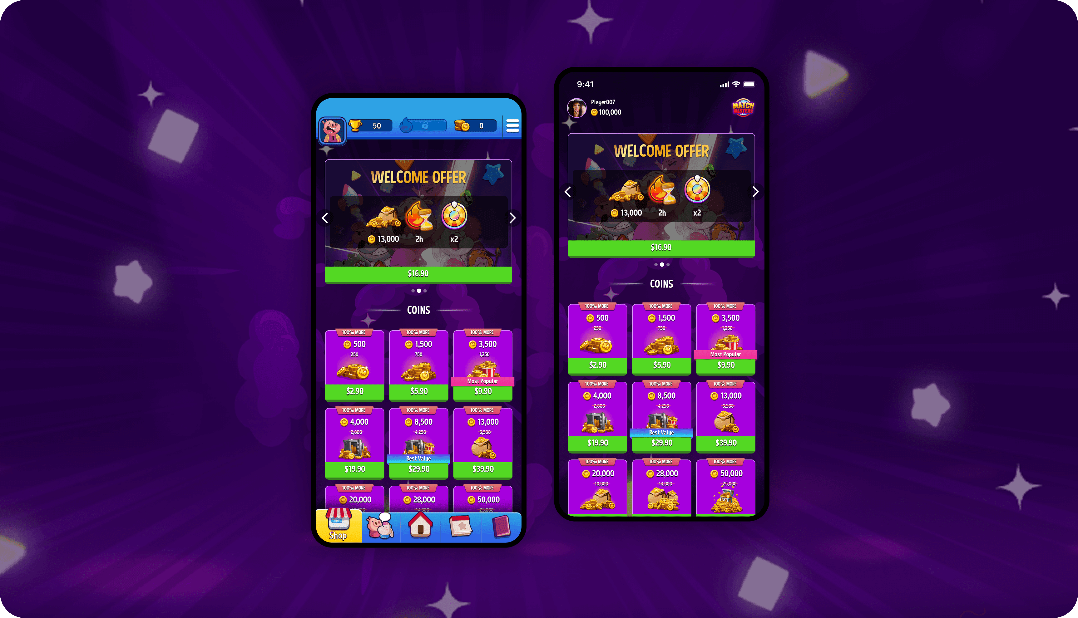 Two mobile screens display an in-game store interface with a purple background. The left screen shows a game interface with a navigation bar, while the right screen has a sleeker design. Both feature a "Welcome Offer" banner with gold coins, power-ups, and special items for a set price. Below, multiple coin purchase options are displayed in purple boxes with green price tags. The background has a dark purple gradient with glowing star-like shapes.