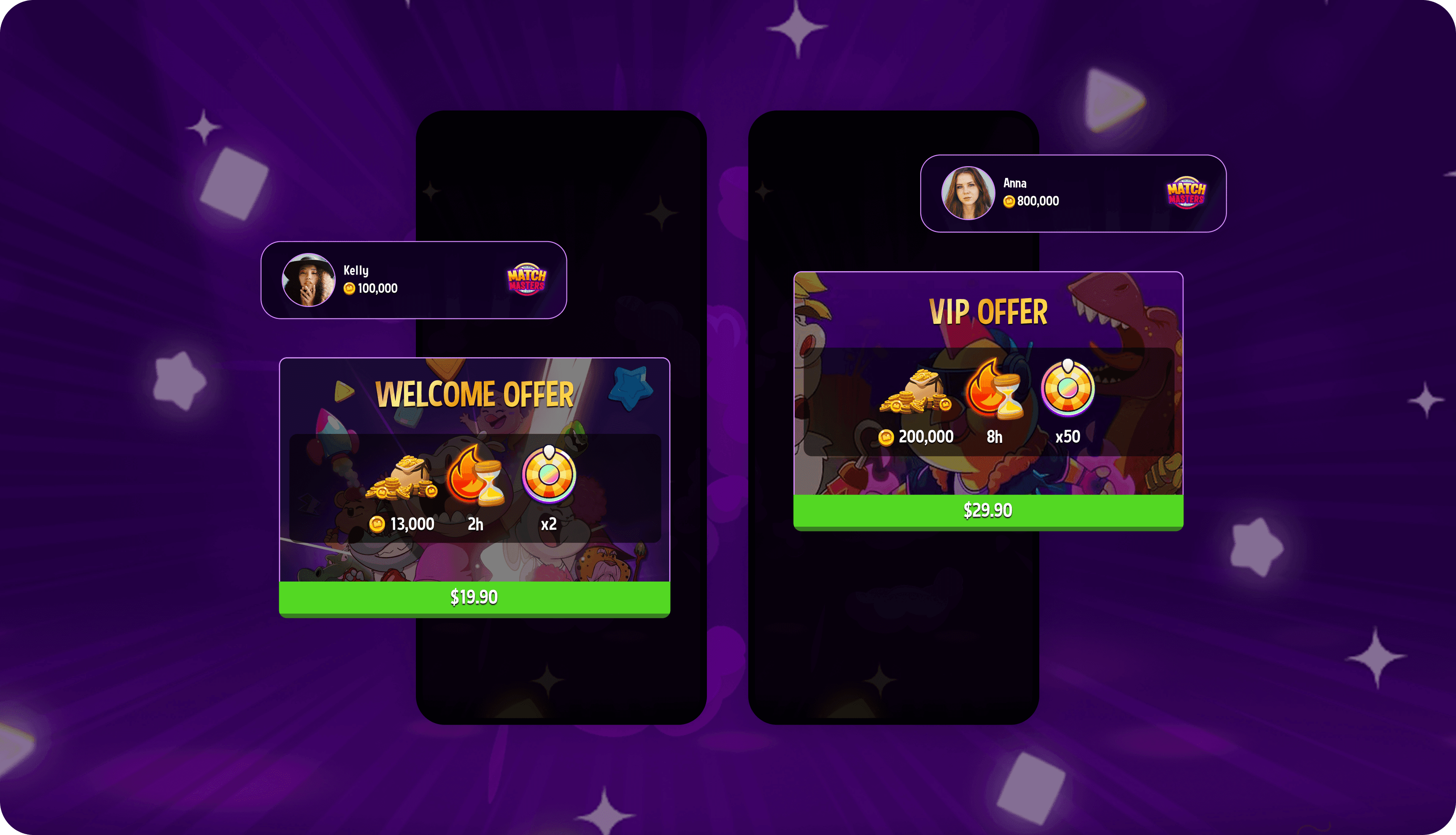 Two mobile screens showcase personalized in-game offers against a dark purple background with floating stars. The left screen displays a "Welcome Offer" for a player with 100,000 coins, while the right screen presents a "VIP Offer" for a high-spending player with 800,000 coins. The VIP offer includes a larger bundle of gold coins, power-ups, and extra rewards at a higher price. The design emphasizes tailored pricing and purchase options based on player profiles.