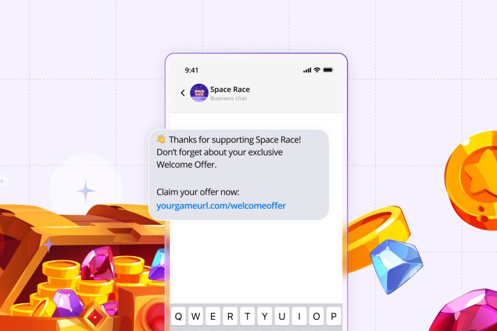 Screenshot of a mobile chat interface for the game 'Space Race', displaying a thank-you message and a prompt to claim an exclusive welcome offer. The message is set against a backdrop of sparkling treasure, including coins and gems, visually enhancing the invitation. The offer can be claimed by visiting a URL provided in the chat, highlighted to encourage player engagement and participation