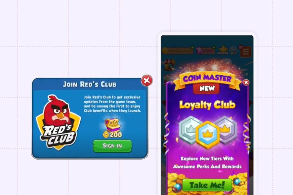 Two mobile game promotional pop-ups side by side. On the left, an advertisement for 'Red's Club' from a game featuring a cartoonish red bird, offering exclusive updates and club benefits for signing in. On the right, a vibrant 'Coin Master Loyalty Club' advertisement promising new tiers with awesome perks and rewards, set against a purple background adorned with coins and sparkling effects.